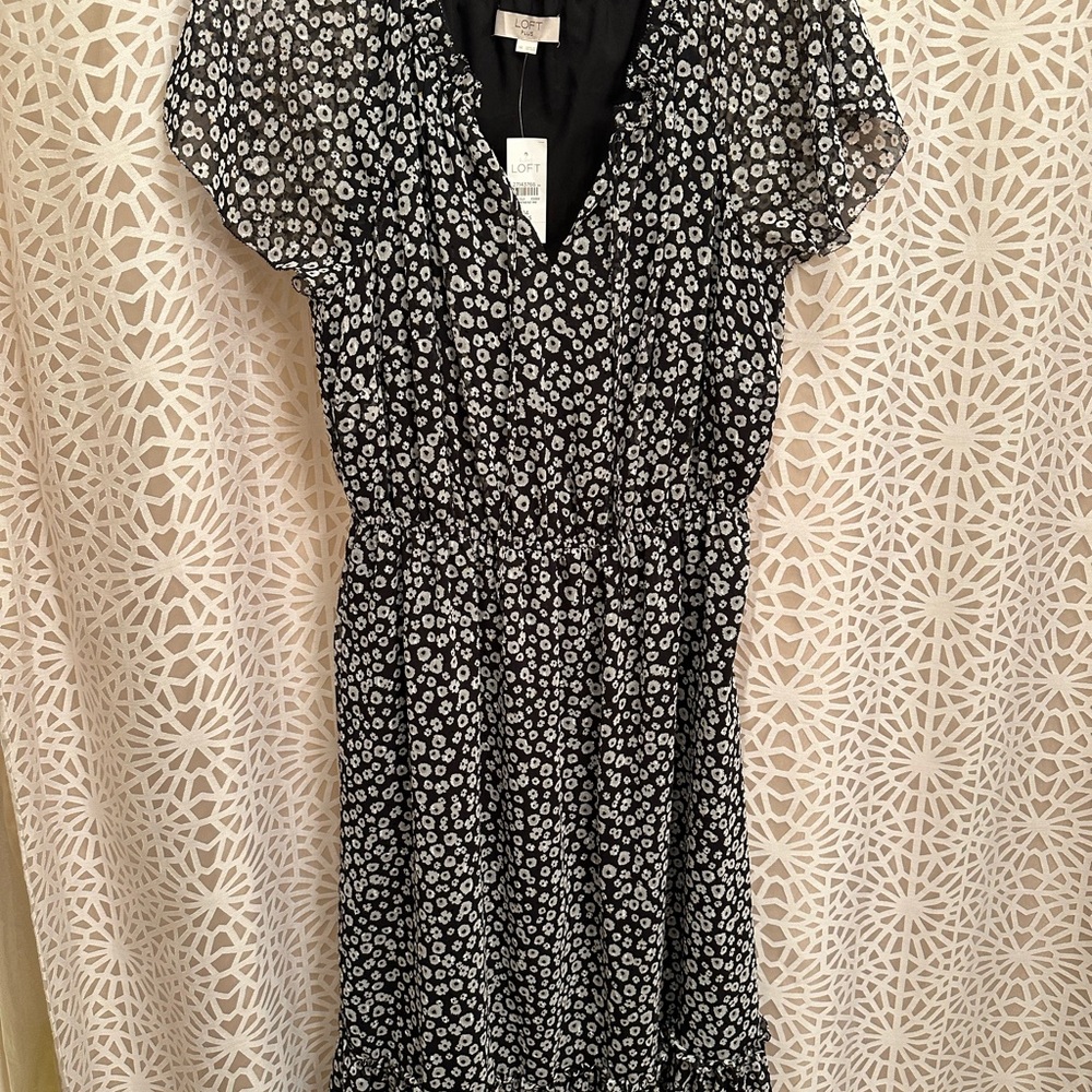 LOFT Black and White Floral Midi Dress